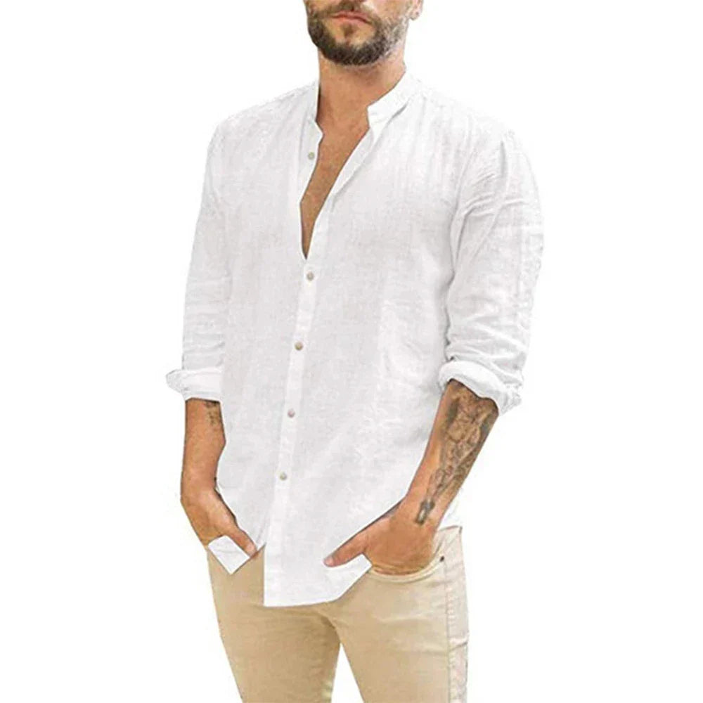 Button-Up Linnen Lange Mouw Overhemd voor Heren